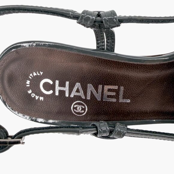 Chanel Gray Burgundy Patent Cap Toe Slingback Platform Pumps Size 37.5 US 6.5–7 - Picture 14 of 15